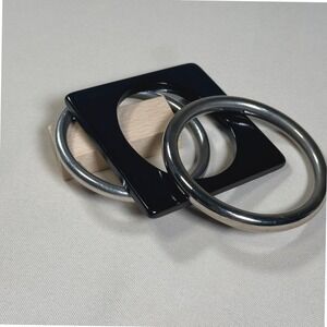 Vintage Monet Bangle Bracelet Set Silver Tone Round Black Lucite Square MCM‎